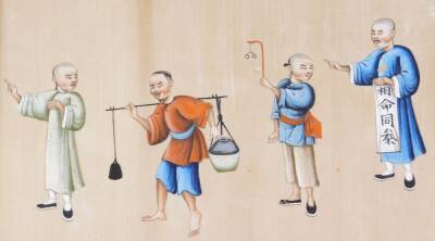 Chinese Republic School. Figures holding fish and another figures of workman in flowing robes, rice paper drawings, 20cm x 29cm. (2) - 3