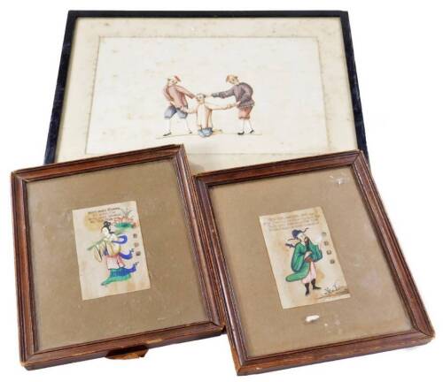 Chinese Republic School. Chin Chin You Chin Chin My..., figure of a gentleman and lady, each in flowing robes, rice paper drawing, 9cm x 6cm., (a pair) and further rice paper drawing, torture scene in Charles H Dyer frame. (3)