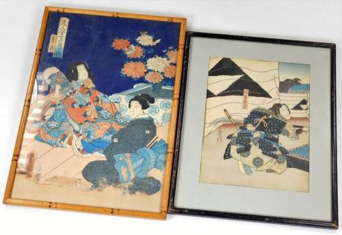 19thC Japanese School. Figure of a samurai, block print in colours, 24cm x 17cm, and an interior setting block print. (2)