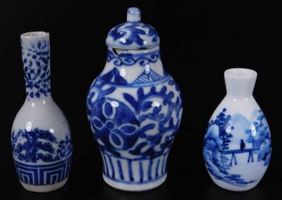 A collection of Chinese miniature porcelain, comprising of a blue and white vase and cover, 11cm H, six duck figures, a Japanese blue and white vase and a further vase decorated with figure on bridge, with three character mark beneath. (a quantity) - 6