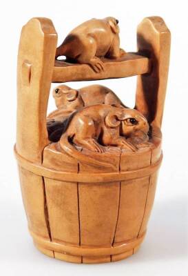 A Japanese Taisho period netsuke, carved with three rats in a bucket, soft wood, marked beneath, 6cm H. - 2