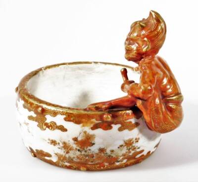 A late 19thC Japanese Meiji period Kutani porcelain bowl, with figure handle decorated with flowers in orange with gilt highlights, nine character mark beneath, 10cm H. - 3