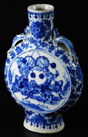 An early 19thC Chinese porcelain moon flask, the cylindrical stem flanked by dragons, with circular body, set with panels of warriors on horseback to each side, on an oval foot, unmarked, 31cm H.