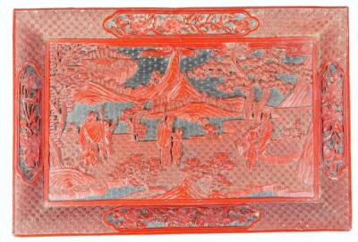 A Chinese Qing period cinnabar lacquer tray, of rectangular form, centred with a heavily carved scene of figures before mountains and trees, with an outer geometric banding broken by panels of flowers, 38cm W. - 2