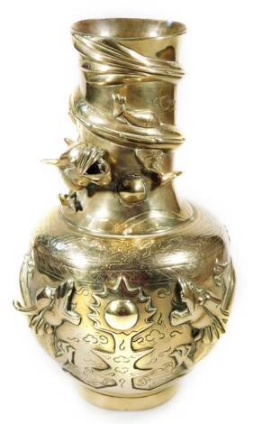 A Chinese Qing style polished bronze vase, the cylindrical stem raised with a dragon, on shouldered body raised with further dragons, orbs, on circular foot, seal mark beneath, 25cm H.