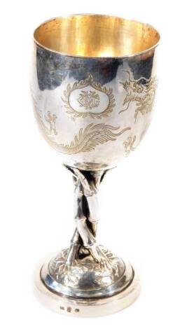 A 19thC white metal goblet, by Sun Shing, Canton, the bowl etched with dragon, partially initialled on entwined bamboo stem and domed circular foot, Chinese white metal, marked beneath, 18cm H.