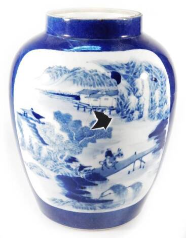 A Chinese porcelain Kangxi style vase, the shouldered circular body decorated with panels of prunus of a blue ground, with six character mark beneath, probably late 19thC, 24cm H. (AF)