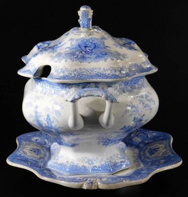 A 19thC Chinese blue and white pottery tureen, printed with oriental inspired landscape, with a cover and stand, c1860, marked CHIANG NAN CHINA, 28cm H. - 3