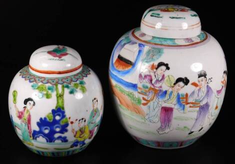 A 19thC Chinese porcelain ginger jar, of globular form, profusely decorated with figures in flowing robes, in polychrome colours, predominately in purple, blue and yellow, with domed lid, 22cm H and another similarly decorated, but smaller. (2)