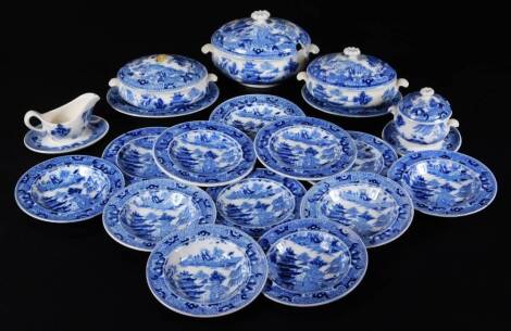 A late 19thC Wedgwood Willow pattern child's pottery tea service, to include lidded tureen, 11cm W, further lidded tureens, stands, plates, soup bowl and cover, gravy boat on stand, etc., impressed and printed marks beneath. (a quantity)