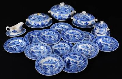 A late 19thC Wedgwood Willow pattern child's pottery tea service, to include lidded tureen, 11cm W, further lidded tureens, stands, plates, soup bowl and cover, gravy boat on stand, etc., impressed and printed marks beneath. (a quantity)
