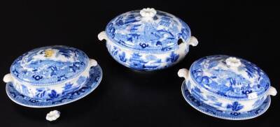 A late 19thC Wedgwood Willow pattern child's pottery tea service, to include lidded tureen, 11cm W, further lidded tureens, stands, plates, soup bowl and cover, gravy boat on stand, etc., impressed and printed marks beneath. (a quantity) - 4