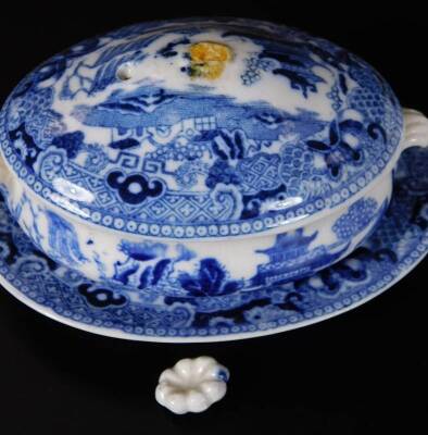 A late 19thC Wedgwood Willow pattern child's pottery tea service, to include lidded tureen, 11cm W, further lidded tureens, stands, plates, soup bowl and cover, gravy boat on stand, etc., impressed and printed marks beneath. (a quantity) - 5