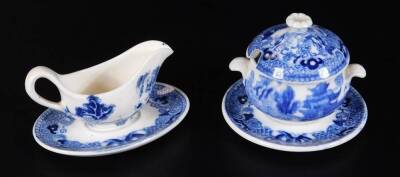 A late 19thC Wedgwood Willow pattern child's pottery tea service, to include lidded tureen, 11cm W, further lidded tureens, stands, plates, soup bowl and cover, gravy boat on stand, etc., impressed and printed marks beneath. (a quantity) - 6