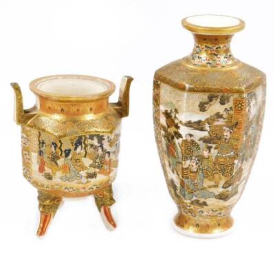 A 19thC Japanese satsuma pottery vase by Hattori Zo of octagonal form with an inverted cylindrical stem, profusely decorated with figures, with gilt highlights, on a circular foot, 17cm H, and a similar two handled koro, each marked beneath. (2)