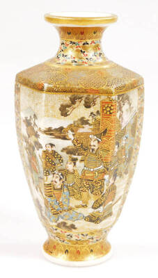 A 19thC Japanese satsuma pottery vase by Hattori Zo of octagonal form with an inverted cylindrical stem, profusely decorated with figures, with gilt highlights, on a circular foot, 17cm H, and a similar two handled koro, each marked beneath. (2) - 2