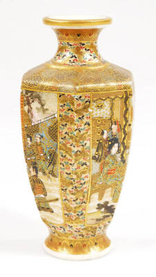 A 19thC Japanese satsuma pottery vase by Hattori Zo of octagonal form with an inverted cylindrical stem, profusely decorated with figures, with gilt highlights, on a circular foot, 17cm H, and a similar two handled koro, each marked beneath. (2) - 3