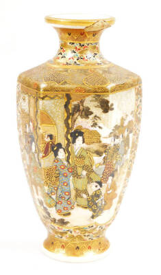 A 19thC Japanese satsuma pottery vase by Hattori Zo of octagonal form with an inverted cylindrical stem, profusely decorated with figures, with gilt highlights, on a circular foot, 17cm H, and a similar two handled koro, each marked beneath. (2) - 4
