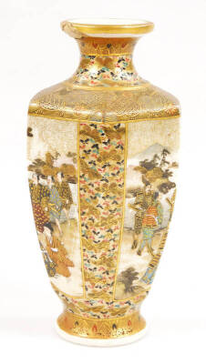 A 19thC Japanese satsuma pottery vase by Hattori Zo of octagonal form with an inverted cylindrical stem, profusely decorated with figures, with gilt highlights, on a circular foot, 17cm H, and a similar two handled koro, each marked beneath. (2) - 5