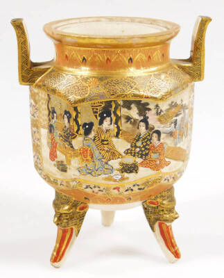 A 19thC Japanese satsuma pottery vase by Hattori Zo of octagonal form with an inverted cylindrical stem, profusely decorated with figures, with gilt highlights, on a circular foot, 17cm H, and a similar two handled koro, each marked beneath. (2) - 9