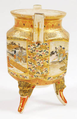 A 19thC Japanese satsuma pottery vase by Hattori Zo of octagonal form with an inverted cylindrical stem, profusely decorated with figures, with gilt highlights, on a circular foot, 17cm H, and a similar two handled koro, each marked beneath. (2) - 10