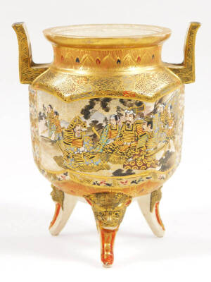 A 19thC Japanese satsuma pottery vase by Hattori Zo of octagonal form with an inverted cylindrical stem, profusely decorated with figures, with gilt highlights, on a circular foot, 17cm H, and a similar two handled koro, each marked beneath. (2) - 11