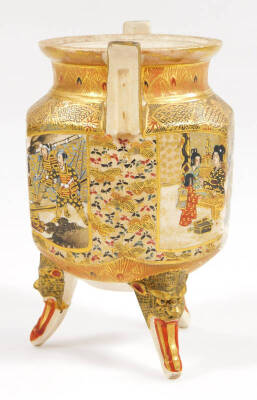A 19thC Japanese satsuma pottery vase by Hattori Zo of octagonal form with an inverted cylindrical stem, profusely decorated with figures, with gilt highlights, on a circular foot, 17cm H, and a similar two handled koro, each marked beneath. (2) - 12