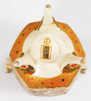 A 19thC Japanese satsuma pottery vase by Hattori Zo of octagonal form with an inverted cylindrical stem, profusely decorated with figures, with gilt highlights, on a circular foot, 17cm H, and a similar two handled koro, each marked beneath. (2) - 14