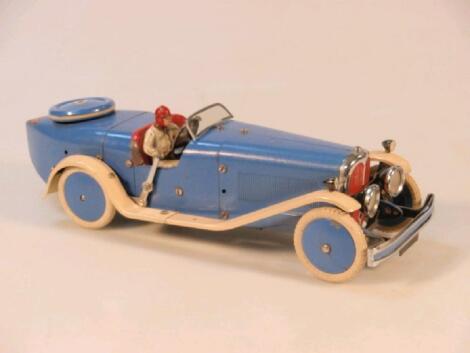 A Meccano number 2 racing car with driver in blue and cream