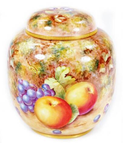 A 20thC Royal Worcester fruit painted jar and cover, by John Freeman, handpainted with autumnal fruits, apples, plums, gooseberries and brambles, with gilt highlights, on a circular foot, no.2826, 19cm H.