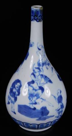 A Chinese Qing period blue and white porcelain bottle vase, with cylindrical stem and globular body, decorated with many figures, on circular foot, four character mark beneath, late 19thC, 22cm H.