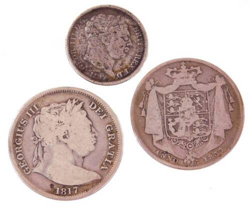 Various George III and George IV silver milled coins, comprising of a half crown 1817, another 1837 and 1817 sixpence. (3)