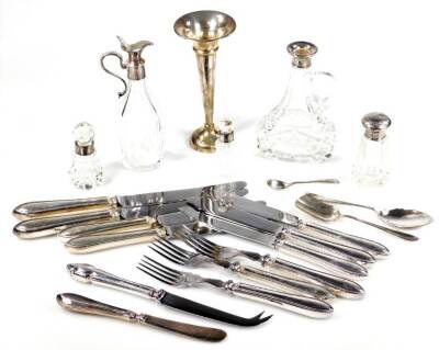 Various silver jars and bottles, a cut glass condiment bottle with silver top, 16cm H, specimen vase, cutlery, glass perfume bottle with silver collar and glass orb stopper, etc. (a quantity)