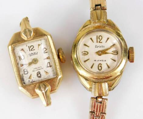 Two ladies wristwatches, comprising an Aristo gold plated ladies wristwatch, and a Jagu yellow metal watch head, marked 14k. (2)