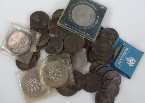 Various coins, GB and world used, etc., United States silver dollar 1896, 3.5cm, various Victorian used, 1935 crown, etc. (a quantity)