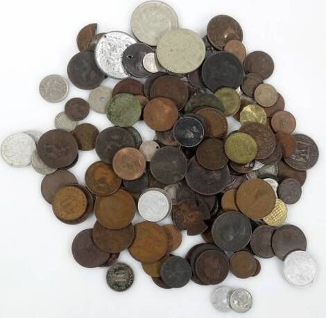 Various coins, GB and world used low denomination, etc. Georgian and later, George III penny, various Victorian coins, 1854 ten centimes Luxemburg, various other world coins, etc. (a quantity)