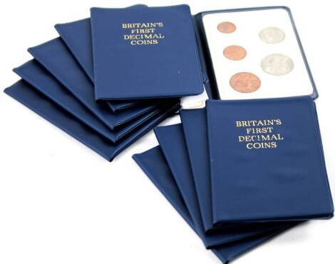 Ten Britain's First Decimal Coin set pouches, each complete. (10)