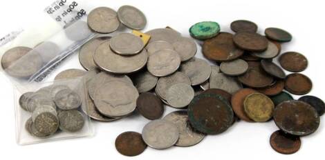 Various world used coins, American dollars 1978, various others, a small quantity of GB.
