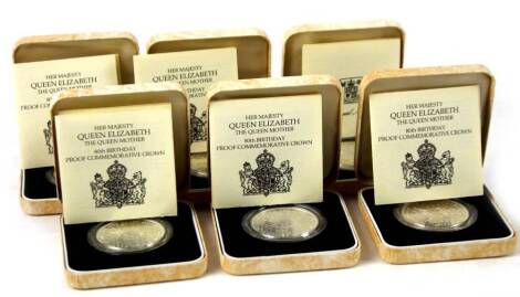 Various Commemorative coins, The Queen Mother's 80th Birthday repeat silver proof crowns, in outer packaging. (6)