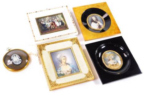 Hihko (20thC). Portrait miniature, lady quarter profile, signed, 9cm x 7cm, Peter Bates Three Graces cameo, a further Silvo portrait miniature of a lady, other 20thC gouache portraits, court figures, etc. (5)