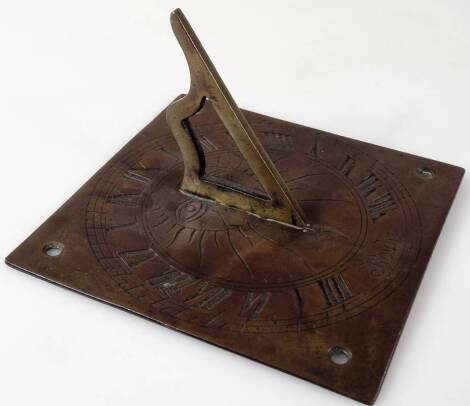 A bronze sundial plate, of square form with 9cm Dia. dial.