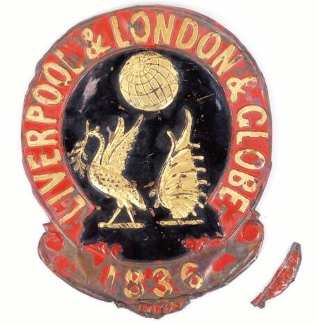 A Liverpool & London & Globe insurance sign plaque, no. 1886, in red and gold colours, 28cm X 22cm.