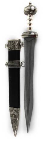 A short sword, with wide blade and turned handle, with compressed orb pommel, the scabbard with metal mounts, 75cm W.