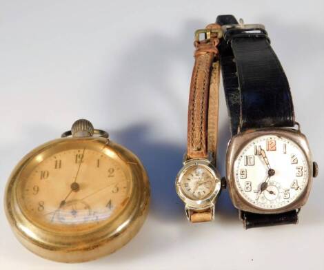 A 20thC wristwatch, with 3cm Dia. Arabic dial, the case continental white metal marked 925, with Swiss movement, a cocktail watch and a pocket watch. (3)