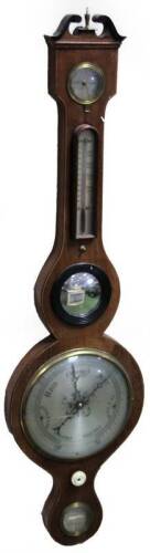 A 19thC mahogany five dial banjo barometer, signed Bernhard Hastings, with dry/damp feature, thermometer, bull's eye glass and 19cm silvered dial, in a broken swan neck pedimented case surmounted by a metal urn finial, 97cm H.