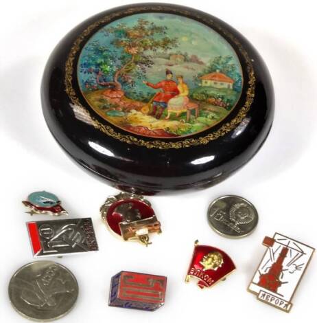 Various Russian lapel badges, High Russian design 1960's and other, Commemorating 50 year of The Revolution, 2.5cm x 1cm, etc. contained in a Russian papier mache style box. (a quantity)