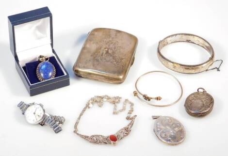 A small quantity of silver jewellery and effects, to include a silver cigarette case, two silver lockets, silver bangle, lapis lazuli set pendant, marcasite jewellery, etc. (a quantity)