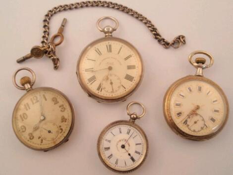 Four open faced silver pocket watches