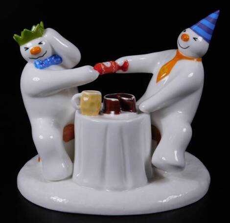 A Coalport Characters The Snowman figure group, Pulling A Cracker, H Samuel exclusive, 14cm H. (boxed with certiifcate)