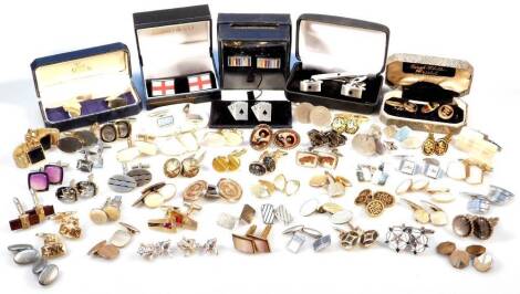 Various cuff links, mainly gold plated, some silver plated, to include mother of pearl design, stone set design, etc (a quantity)